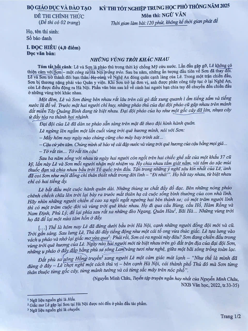 Đề thi Tốt nghiệp THPT 2025, môn Ngữ văn. Ảnh: FB Thái Hạo