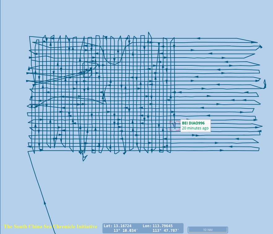 Sơ đồ hoạt động của tàu Bắc Điều 996 của Trung Quốc đang diễn ra trong vùng đặc quyền kinh tế và trên thềm lục địa mở rộng của Việt Nam. Ảnh: Hoàng Việt Hải/ Dự án Đại Sự Ký Biển Đông