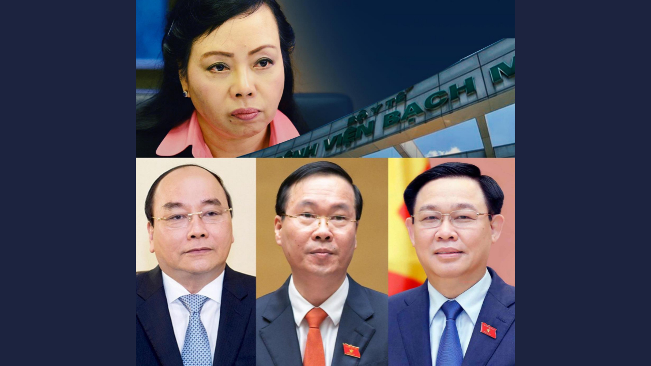 Hàng dưới từ trái: Cựu Chủ tịch nước Nguyễn Xuân Phúc và Võ Văn Thưởng cùng cựu chủ tịch quốc hội Vương Đình Huệ bị cách hết tất cả các chức vụ cũ; trong khi cựu Bộ trưởng Y tế Nguyễn Thị Kim Tiến (hàng trên) bị khai trừ đảng