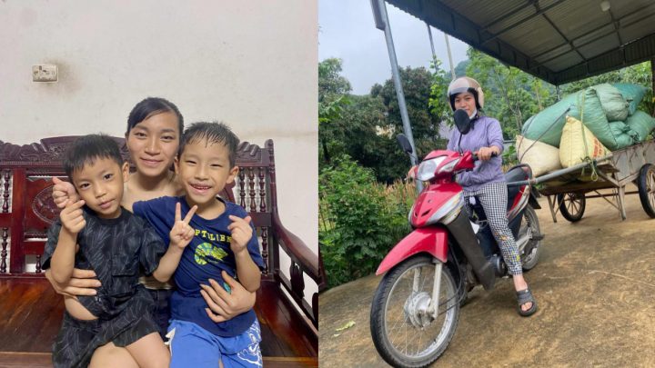 Ba mẹ con Đỗ Thu (trái) và Cô Thu chở cả xe lạc (đậu phộng) về ép dầu. Nguồn ảnh: FB Nguyễn Thúy Nga