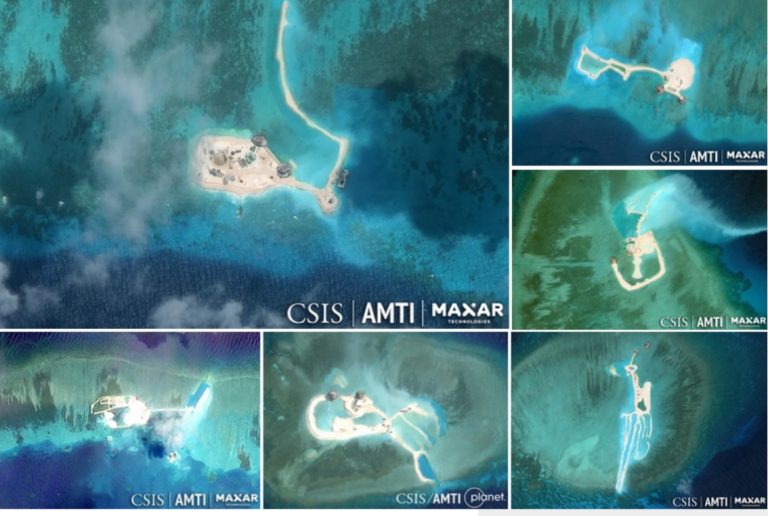 Hình ảnh vệ tinh cho thấy 6 thực thể bãi đá ở Trường Sa được cho là đã được Hà Nội san lấp trong thời gian qua. Ảnh: CSIS - AMTI