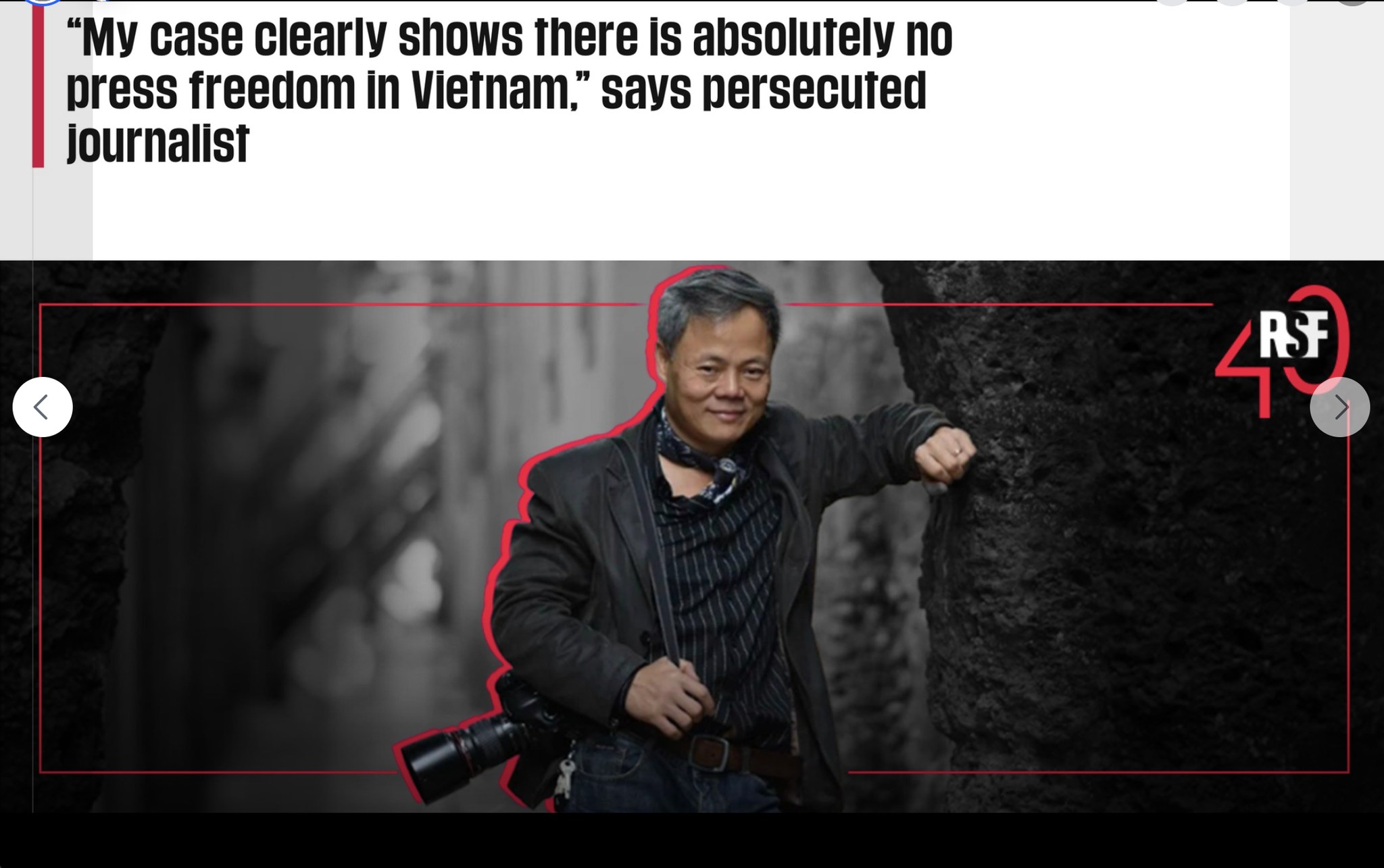 "Trường hợp của tôi cho thấy rõ ràng là không có tự do báo chí ở Việt Nam," nhà báo bị bức hại nói. Trong ảnh là Võ sư Đoàn Bảo Châu. Nguồn ảnh: Tổ chức Phóng Viên Không Biên Giới (RSF)