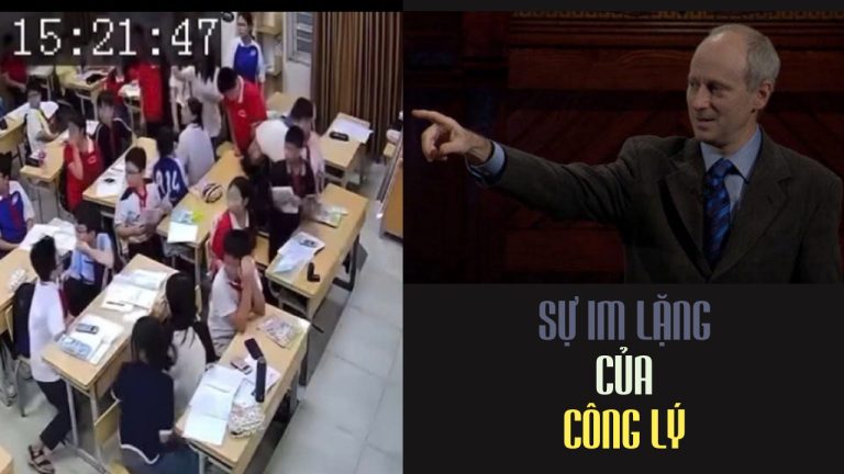 Ảnh ghép vụ học sinh lớp 7 ở Hà Nội túm tóc, ghì đầu cô giáo xuống bàn và quật ngã cô giữa lớp học nhưng cả lớp chẳng ai can thiệp (trái) và (phải) Giáo sư Sandel, Đại học Harvard đang giảng bài về công lý