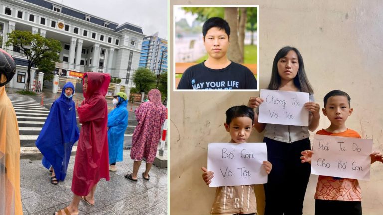 Ảnh ghép: An ninh thường phục vây chặn lối vào tòa án; Vợ con TNLT Trịnh Bá Phương đòi trả tự do cho anh. (Ảnh: FB Thu Đỗ)