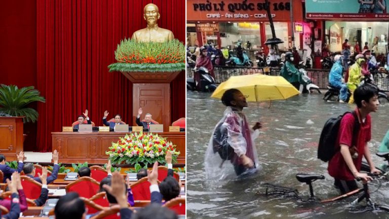 Trong tòa nhà kín cổng cao tường, các "Đại biểu" đưa tay "bầu chọn" (trái); bên ngoài, người dân Hà Nội oằn mình chống chọi bão Matmo (phải). Ảnh ghép: Chân Trời Mới Media