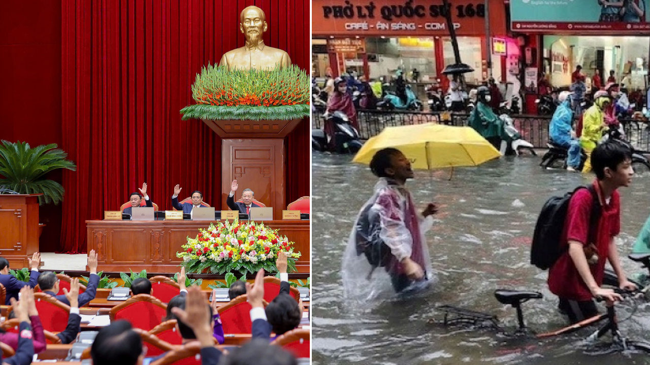 Trong tòa nhà kín cổng cao tường, các "Đại biểu" đưa tay "bầu chọn" (trái); bên ngoài, người dân Hà Nội oằn mình chống chọi bão Matmo (phải). Ảnh ghép: Chân Trời Mới Media