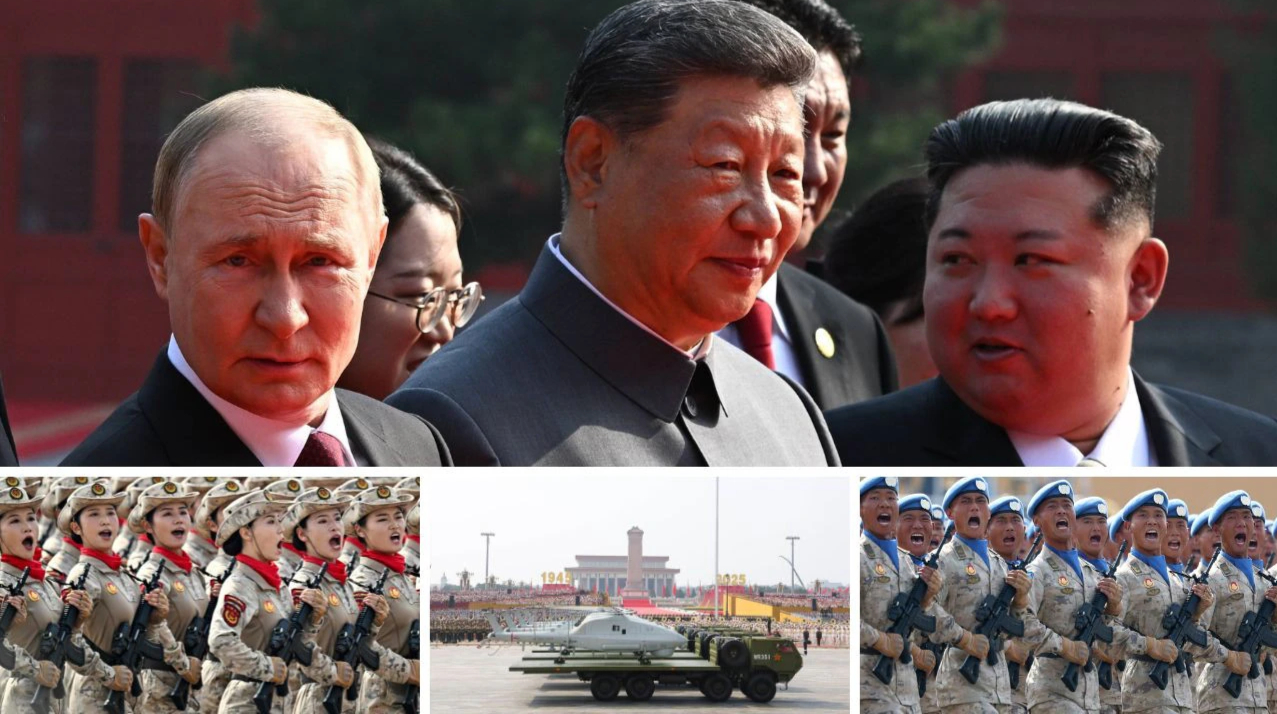Từ trái sang: Tổng thống Nga Vladimir Putin, Chủ tịch Trung Quốc Tập Cận Bình và nhà lãnh đạo Triều Tiên Kim Jong-un trước cuộc duyệt binh ở Bắc Kinh vào ngày 3/9/2025 để kỷ niệm 80 năm ngày Nhật Bản thất trận trong Thế chiến thứ II. Ảnh ghép: The Australian