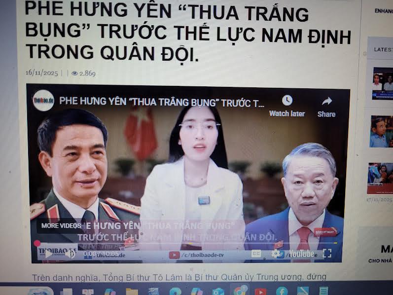 Tấm hình và thông tin bình luận ngày 16 Tháng Mười Một, 2025, tựa đề “Phe Hưng Yên “thua trắng bụng” trước thế lực Nam Định trong quân đội.” Ảnh: NV cắt trang mạng Thời báo Đức