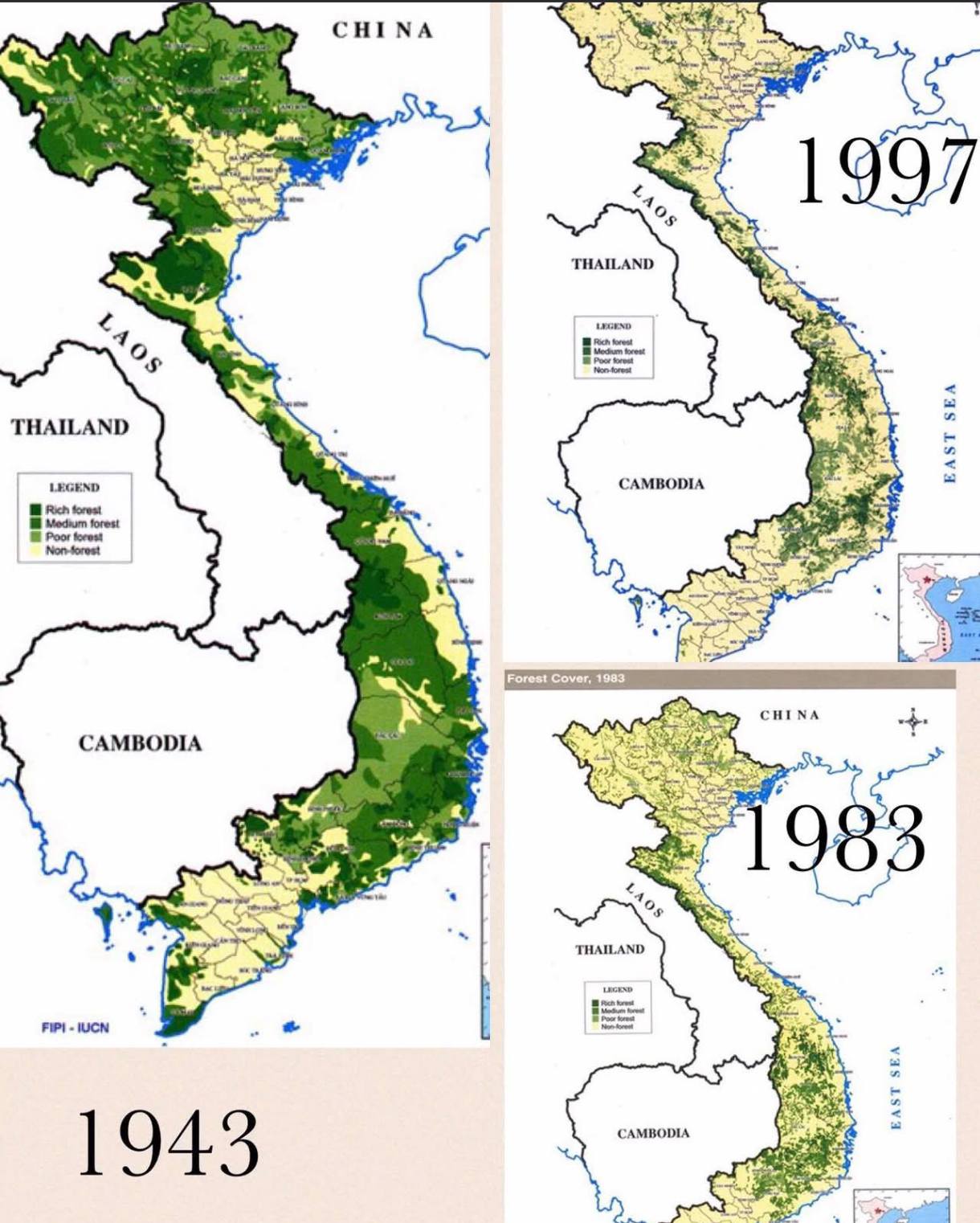 Bản đồ diện tích rừng Việt Nam qua các năm 1943, 1983 và 1997. Ảnh: FB Nguyen Chiến Thắng
