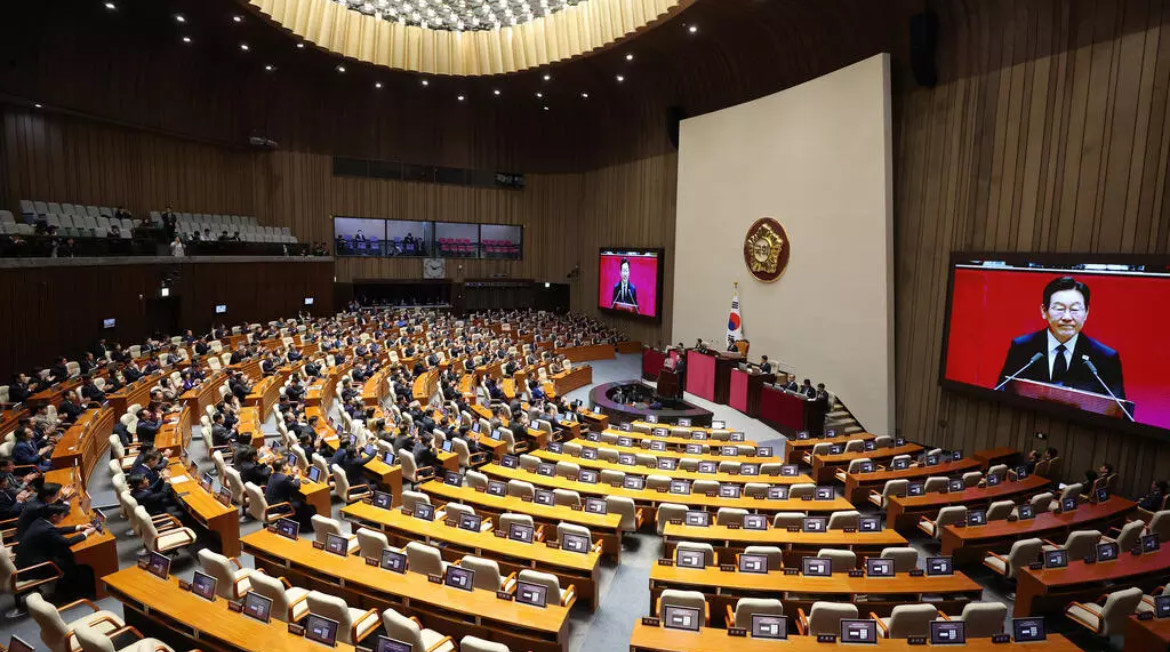 Tổng thống Hàn Quốc Lee Jae-myung phát biểu trước Quốc Hội, Seoul, ngày 04/11/2025. Ảnh: AP - Chung Sung-jun