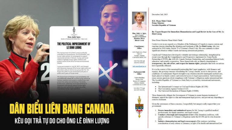 Dân biểu Canada Judy Sgro gửi thư cho Thủ tướng Phạm Minh Chính hôm 2/12 nêu quan ngại về đối xử và điều kiện giam giữ ông Lê Đình Lượng, cùng yêu cầu xem xét lại bản án đối với ông Lượng