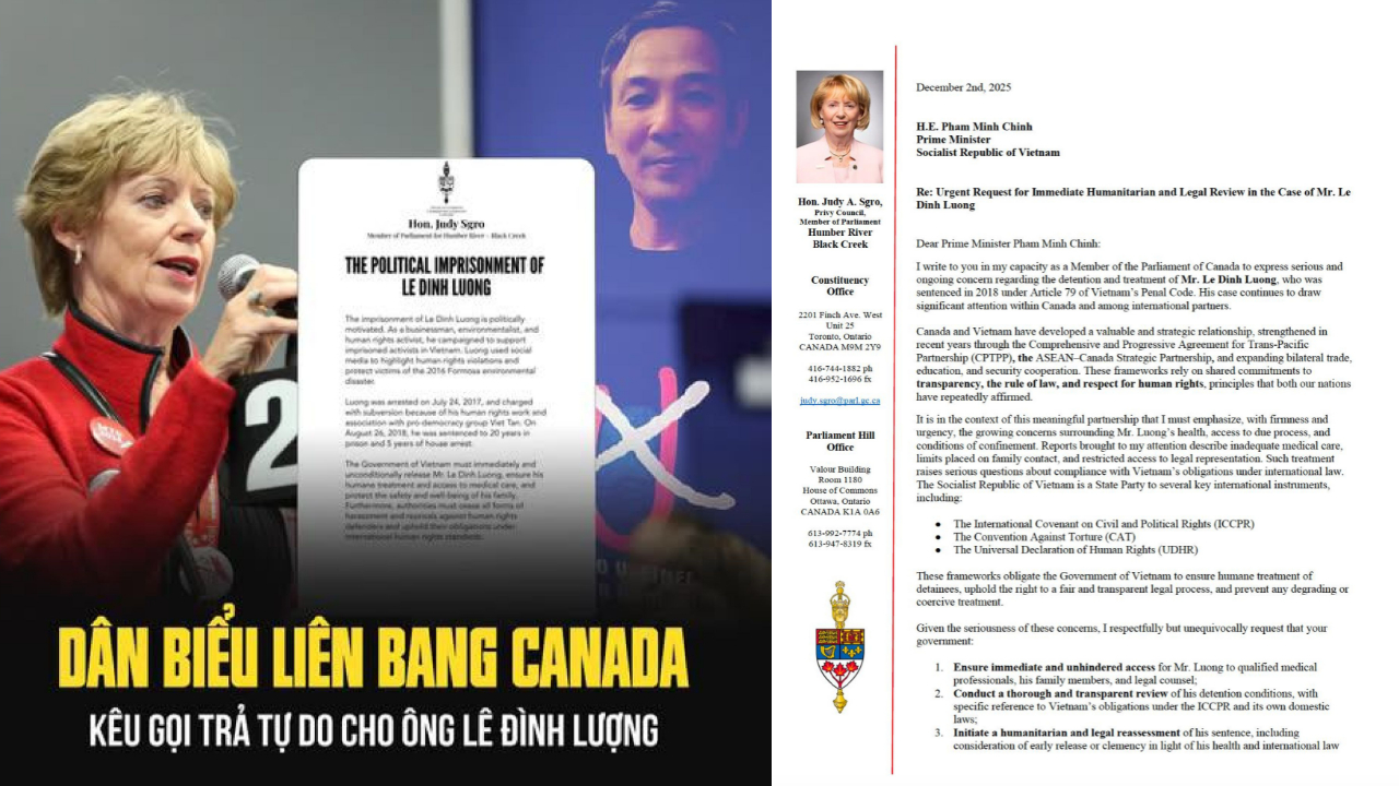 Dân biểu Canada Judy Sgro gửi thư cho Thủ tướng Phạm Minh Chính hôm 2/12 nêu quan ngại về đối xử và điều kiện giam giữ ông Lê Đình Lượng, cùng yêu cầu xem xét lại bản án đối với ông Lượng
