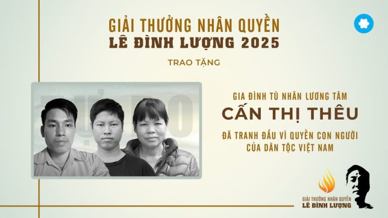 Thông báo: Giải thưởng Nhân quyền Lê Đình Lượng 2025 được trao cho Gia đình Tù Nhân Lương Tâm Cấn Thị Thêu