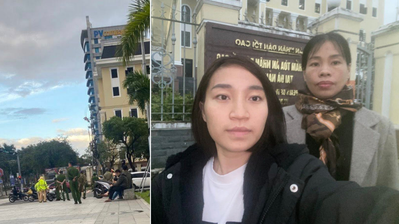 Quang cảnh bên ngoài phiên tòa phúc thẩm "xử" TNLT Trịnh Bá Phương hôm 27/12/2025. Ảnh: Công an, an ninh dầy đặc các ngả đường dẫn đến tòa (trái); Vợ và em gái ông Phương không được tham dự phiên tòa được cho là "công khai" này (phải)