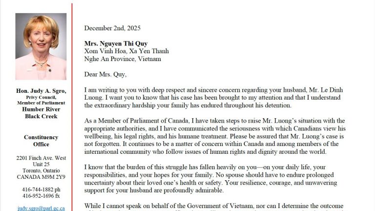 Thư Dân biểu Canada Judy Sgro gửi vợ tù nhân lương tâm Lê Đình Lượng, người đang bị giam giữ với bản án 20 năm tù qua cáo buộc vô căn cứ "Lật đổ chính quyền nhân dân" theo Điều 79, Bộ luật Hình sự Việt Nam
