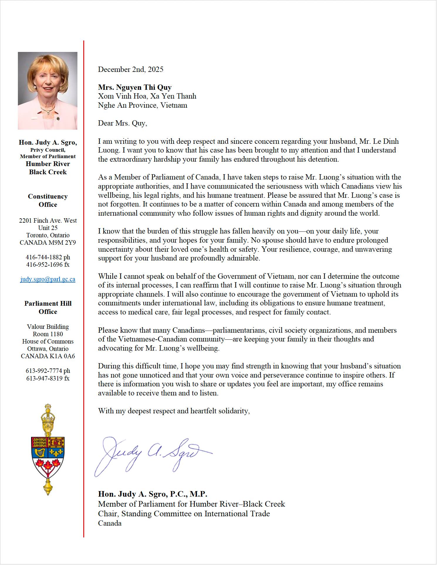 Thư Dân biểu Canada Judy Sgro gởi vợ TNLT Lê Đình Lượng, người đang thụ án 20 năm tù giam