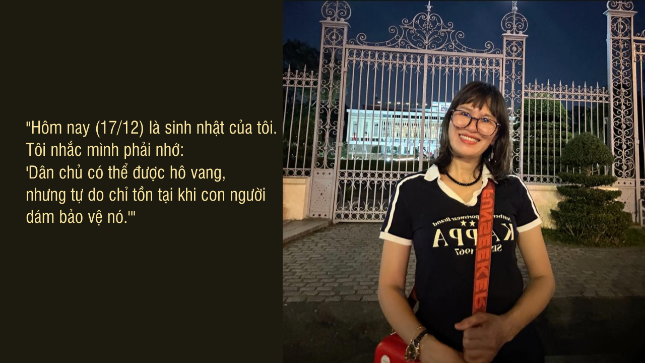 Bà Hoàng Thị Hồng Thái, bức ảnh đăng trên Facebook cá nhân hôm 17 Tháng Mười Hai, 2025, kèm theo dòng chữ: “Hôm nay là sinh nhật của tôi. Tôi nhắc mình phải nhớ: ‘Dân chủ có thể được hô vang, nhưng tự do chỉ tồn tại khi con người dám bảo vệ nó.’” (Facebook Hong Thai Hoang)