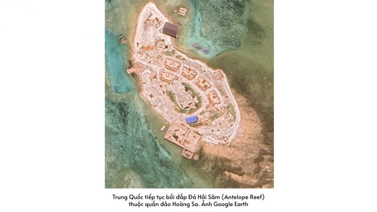Trung Quốc tiếp tục bồi đắp Đá Hải Sâm, Quần đảo Hoàng Sa. Ảnh: Google Earth