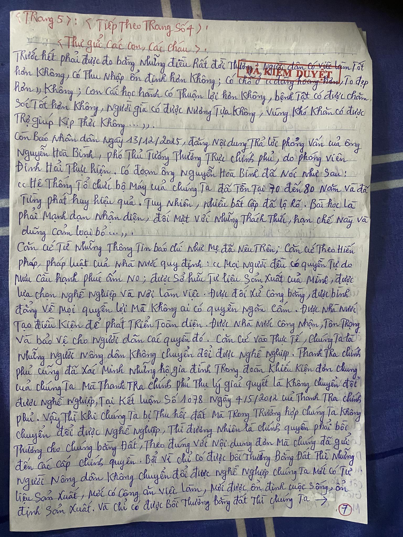 Một trong số các trang thư bà Cấn thị Thêu gởi về gia đình ngày 14/01/2026. Có dấu kiểm duyệt của trại giam. Ảnh: FB Thu Đỗ