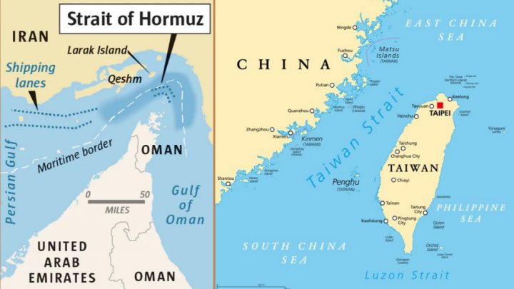 Eo biển Hormuz (trái) và eo biển Đài Loan. Ảnh: The Seattle Times, The Diplomat