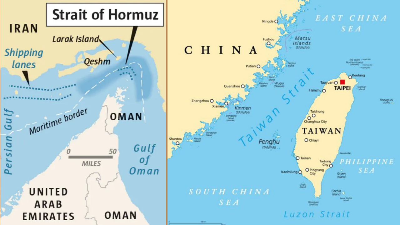 Eo biển Hormuz (trái) và eo biển Đài Loan. Ảnh: The Seattle Times, The Diplomat