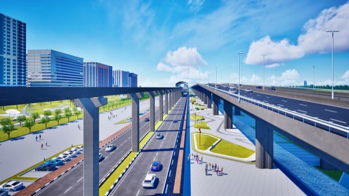 Phối cảnh tuyến monorail đi trên cao bên cạnh đại lộ cảnh quan sông Hồng. Ảnh: Báo Người Lao Động