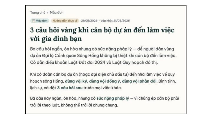 3 câu hỏi vàng nằm lòng cho cư dân bị ảnh hưởng bởi dự án Đại lộ cảnh quan sông Hồng. Ảnh: FB Cộng Đồng Ven Sông Hồng