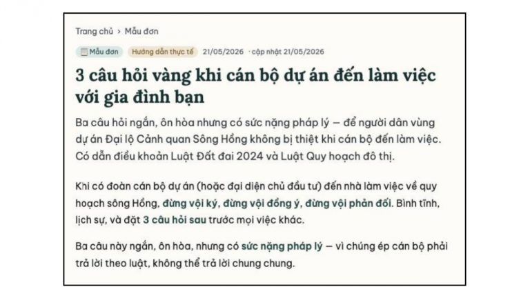 3 câu hỏi vàng nằm lòng cho cư dân bị ảnh hưởng bởi dự án Đại lộ cảnh quan sông Hồng. Ảnh: FB Cộng Đồng Ven Sông Hồng