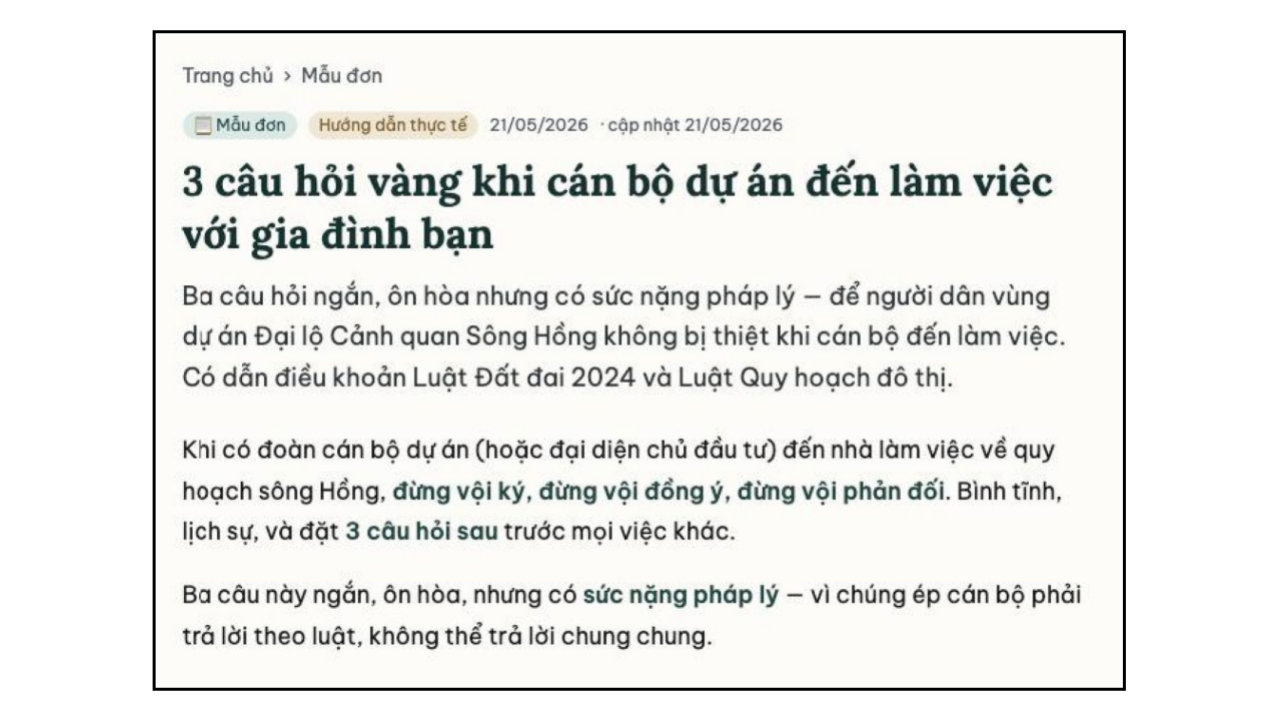 3 câu hỏi vàng nằm lòng cho cư dân bị ảnh hưởng bởi dự án Đại lộ cảnh quan sông Hồng. Ảnh: FB Cộng Đồng Ven Sông Hồng