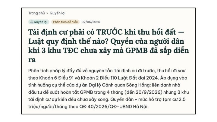 Theo luật lệ hiện hành, tái định cư phải có trước khi thu hồi đất. Ảnh: FB Cộng Đồng Ven Sông Hồng