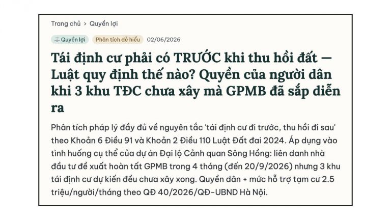 Theo luật lệ hiện hành, tái định cư phải có trước khi thu hồi đất. Ảnh: FB Cộng Đồng Ven Sông Hồng