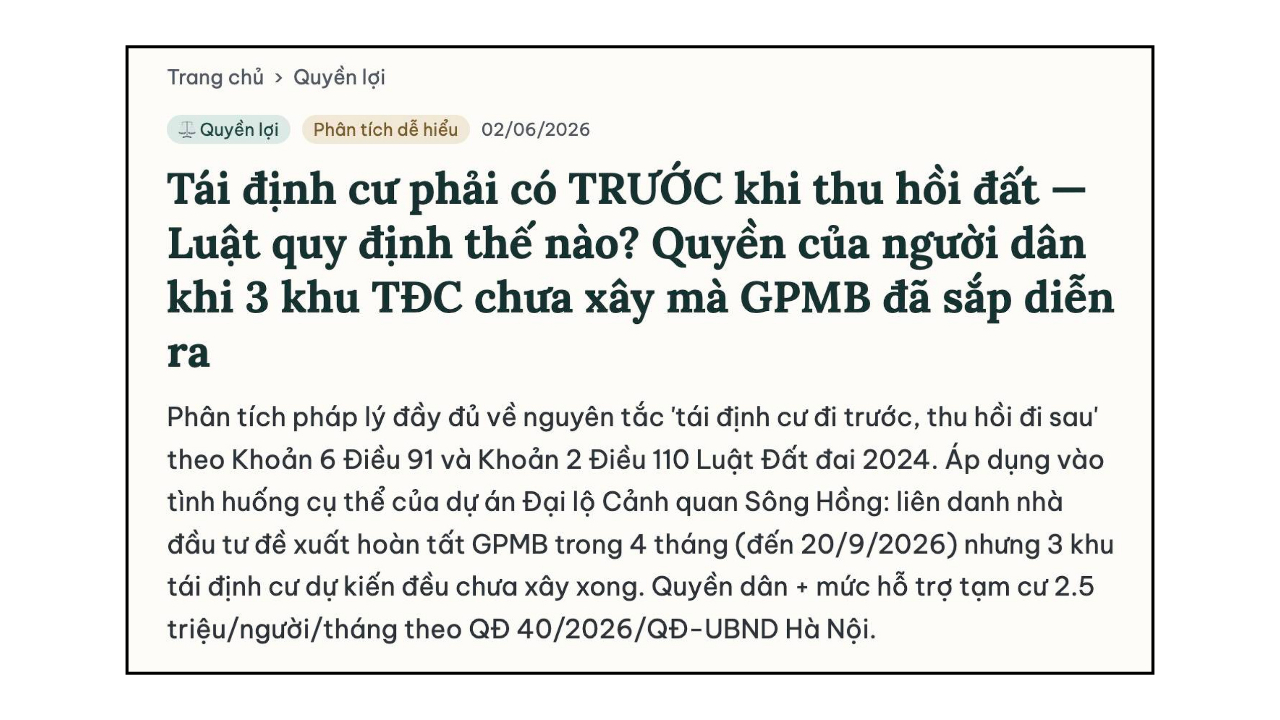 Theo luật lệ hiện hành, tái định cư phải có trước khi thu hồi đất. Ảnh: FB Cộng Đồng Ven Sông Hồng