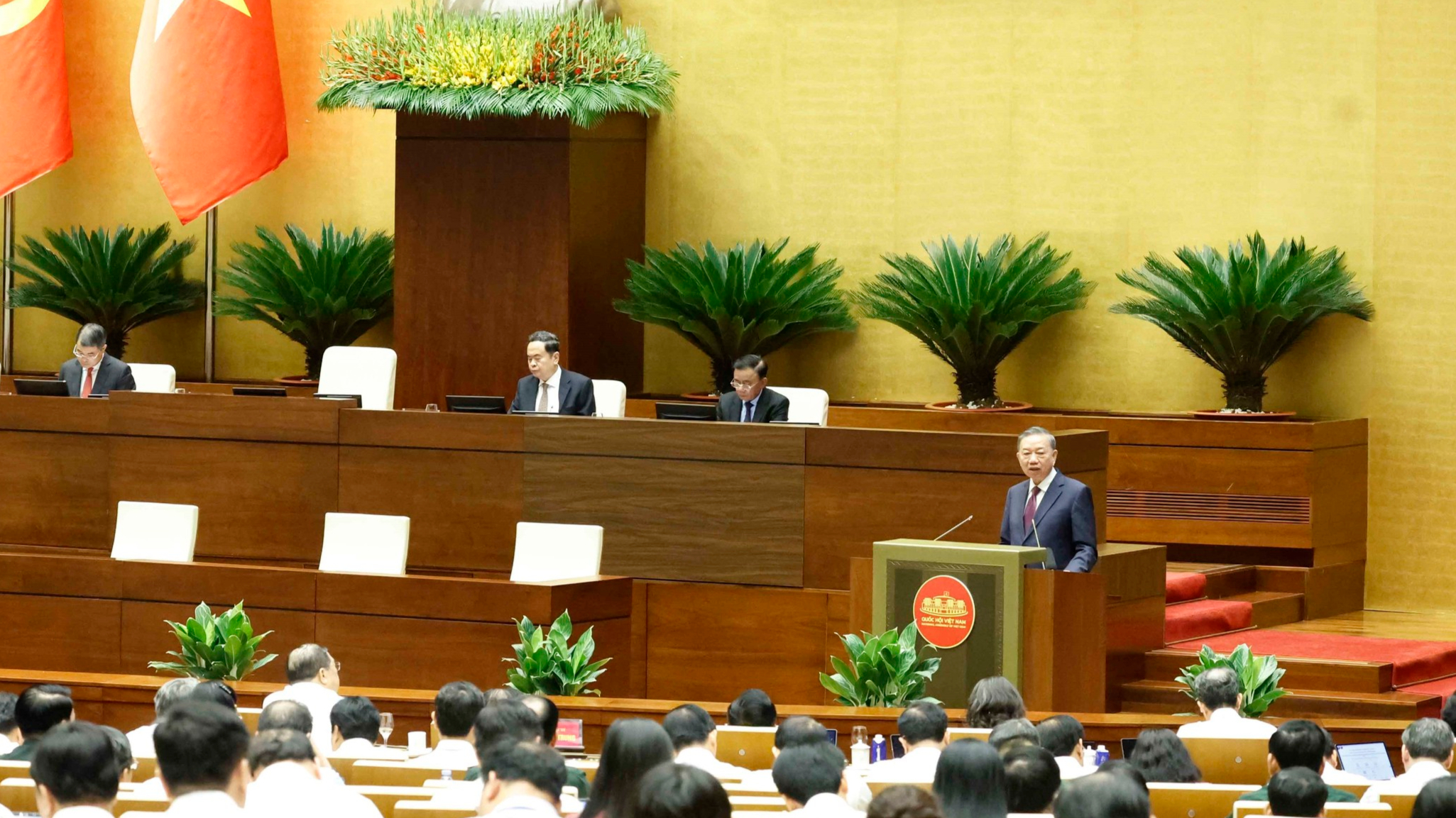 Ông Tô Lâm phát biểu tại Hội nghị Sơ kết 1 năm vận hành cơ chế mới tổ chức vào ngày 1 tháng 7, 2026. Ảnh chụp từ trang mạng Thể Thao & Văn Hóa