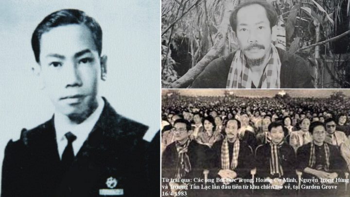 Ảnh minh họa. Ảnh trái: Phó Đề đốc Hải Quân VNCH Hoàng Cơ Minh; ảnh phải, trên: Tướng Hoàng Cơ Minh, Chủ tịch Mặt Trận Quốc Gia Thống Nhất Giải Phóng Việt Nam, trong khu chiến; ảnh dưới: Chủ tịch Mặt Trận cùng phái đoàn từ khu chiến trở về lần đầu, gặp gỡ đồng bào tại thành phố Garden Grove, Nam California ngày 16/4/1983