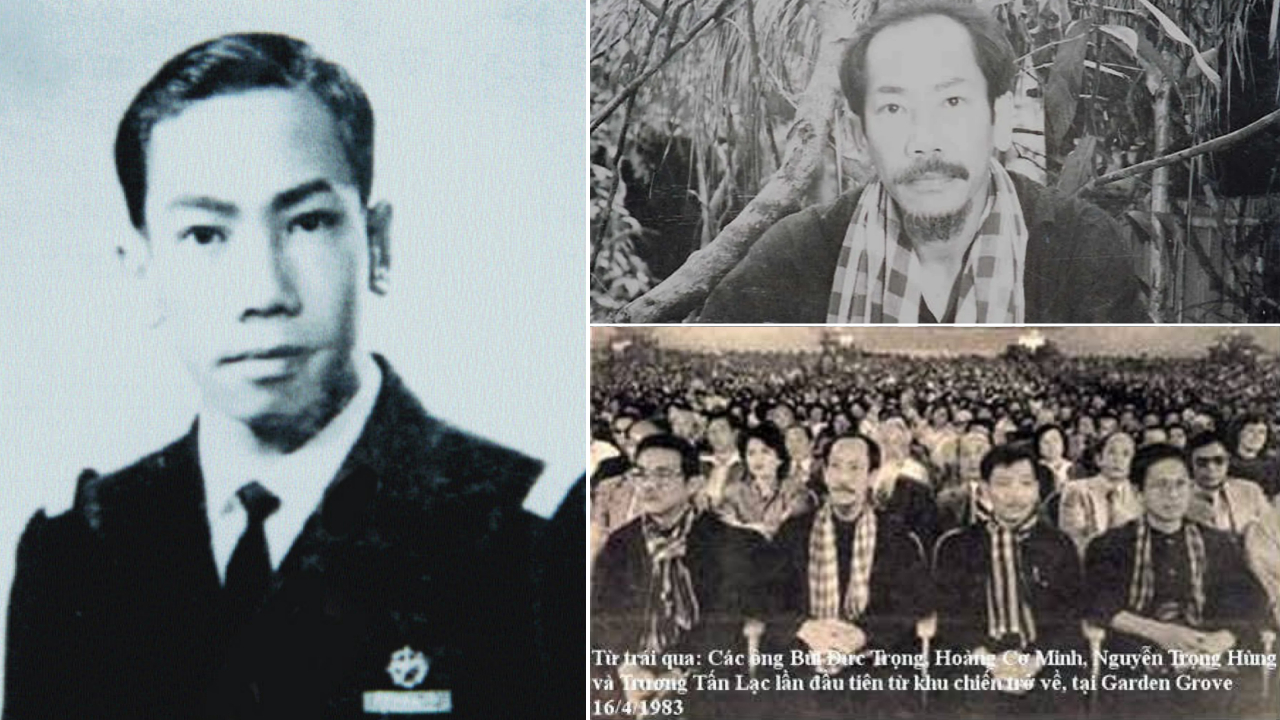 Ảnh minh họa. Ảnh trái: Phó Đề đốc Hải Quân VNCH Hoàng Cơ Minh; ảnh phải, trên: Tướng Hoàng Cơ Minh, Chủ tịch Mặt Trận Quốc Gia Thống Nhất Giải Phóng Việt Nam, trong khu chiến; ảnh dưới: Chủ tịch Mặt Trận cùng phái đoàn từ khu chiến trở về lần đầu, gặp gỡ đồng bào tại thành phố Garden Grove, Nam California ngày 16/4/1983