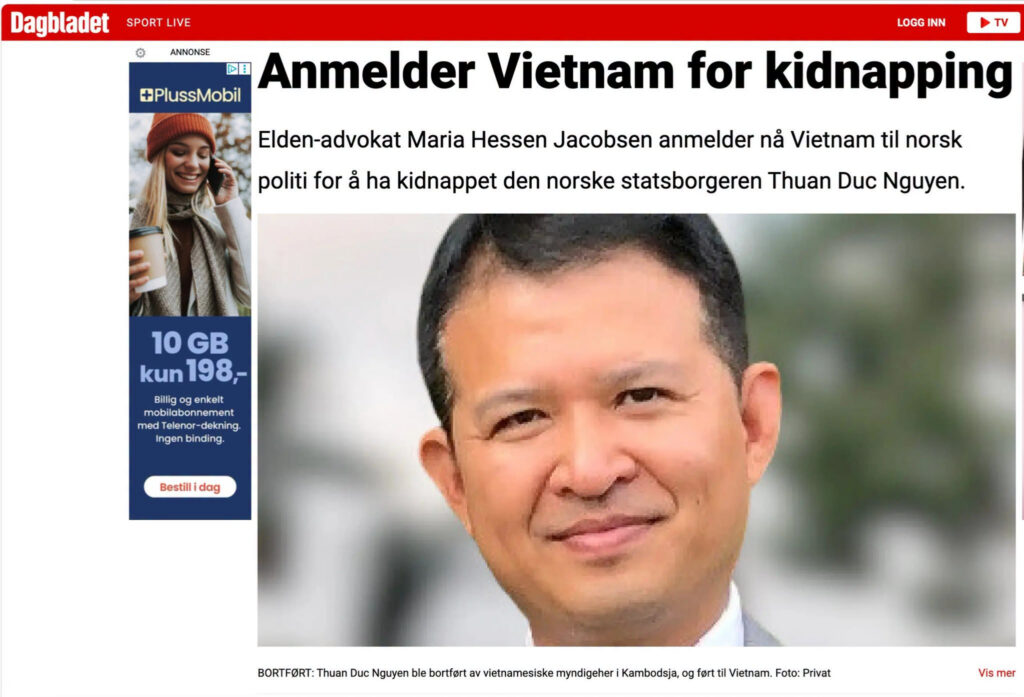 Ảnh: Luật sư Maria Hessen Jacobsen thuộc Văn phòng luật Elden trình báo với cảnh sát Na Uy tố cáo Việt Nam đã bắt cóc công dân Na Uy Nguyễn Đức Thuận (báo Dagbladet)